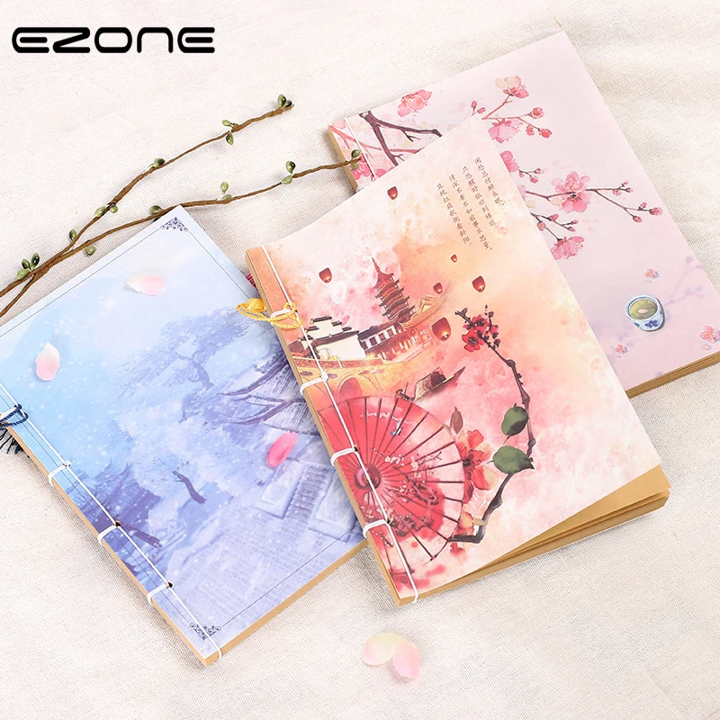 

EZONE 1PC Chinese Style Notebook Vintage Ink Painting Diary Sketchbook Blank Kraft Pages For Children Notepad Student Stationery
