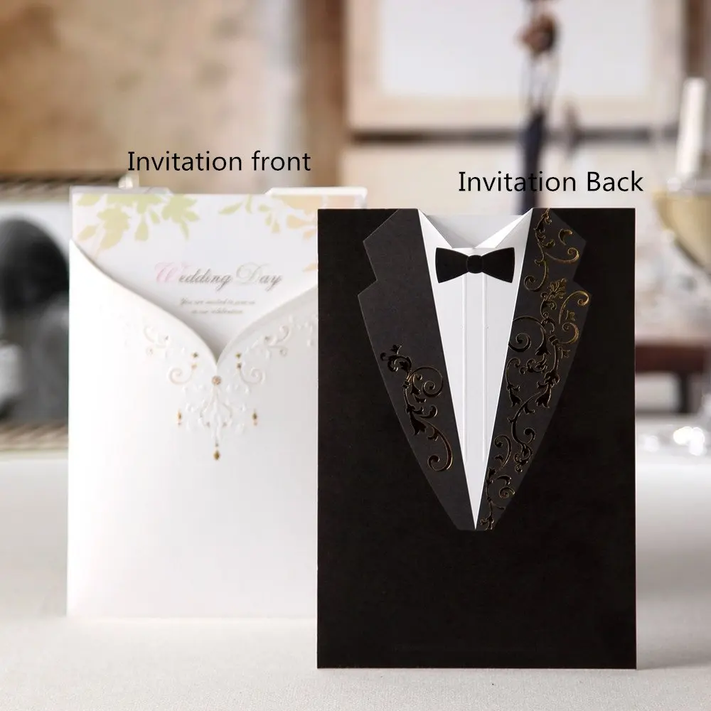 1 шт. черный и белый лазерный разрез свадебные приглашения, жених и свадебный смокинг приглашение на свадьбу с конвертами
