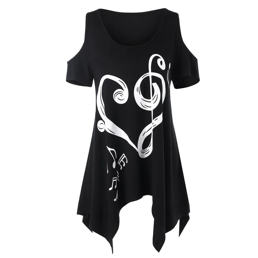 

Fashion Women shirt with print Notes Heart Print Open Shoulder Tee Blouse casual women's shirts summer 2019