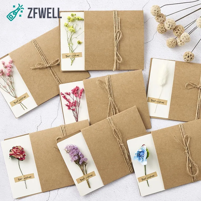 

ZFWELL 1pcs Vintage kraft paper dried flowers diy greeting card birthday wedding holiday gift greeting card invitation supplies8