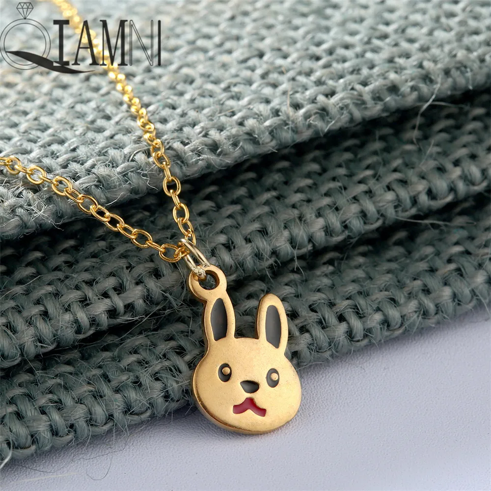 

QIAMNI Stainless Steel Enamel Lovely Rabbit Necklace Pendant for Women Animal Bunny Choker Collars Pet Lover Birthday Gift