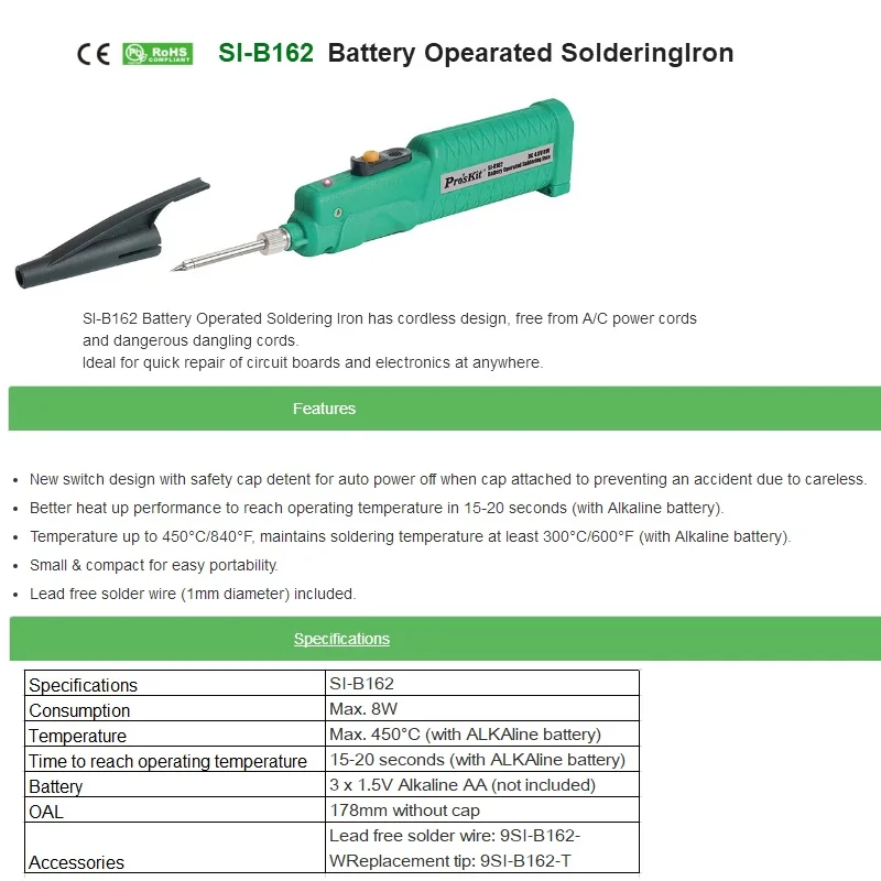 Pro'skit SI-B162 Батарея паяльник Беспроводная Конструкция Портативный паяльник