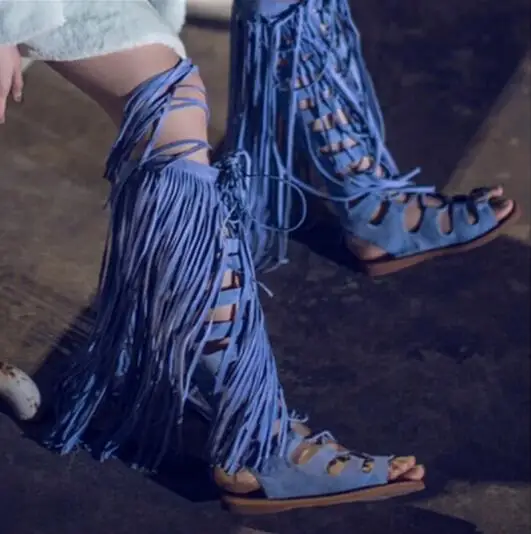 Newest 2016 Blue Suede Leather Fringe Knee High Sandals Boots High Quality Flat Tassel Gladiator Sandals Boot Summer Free Ship