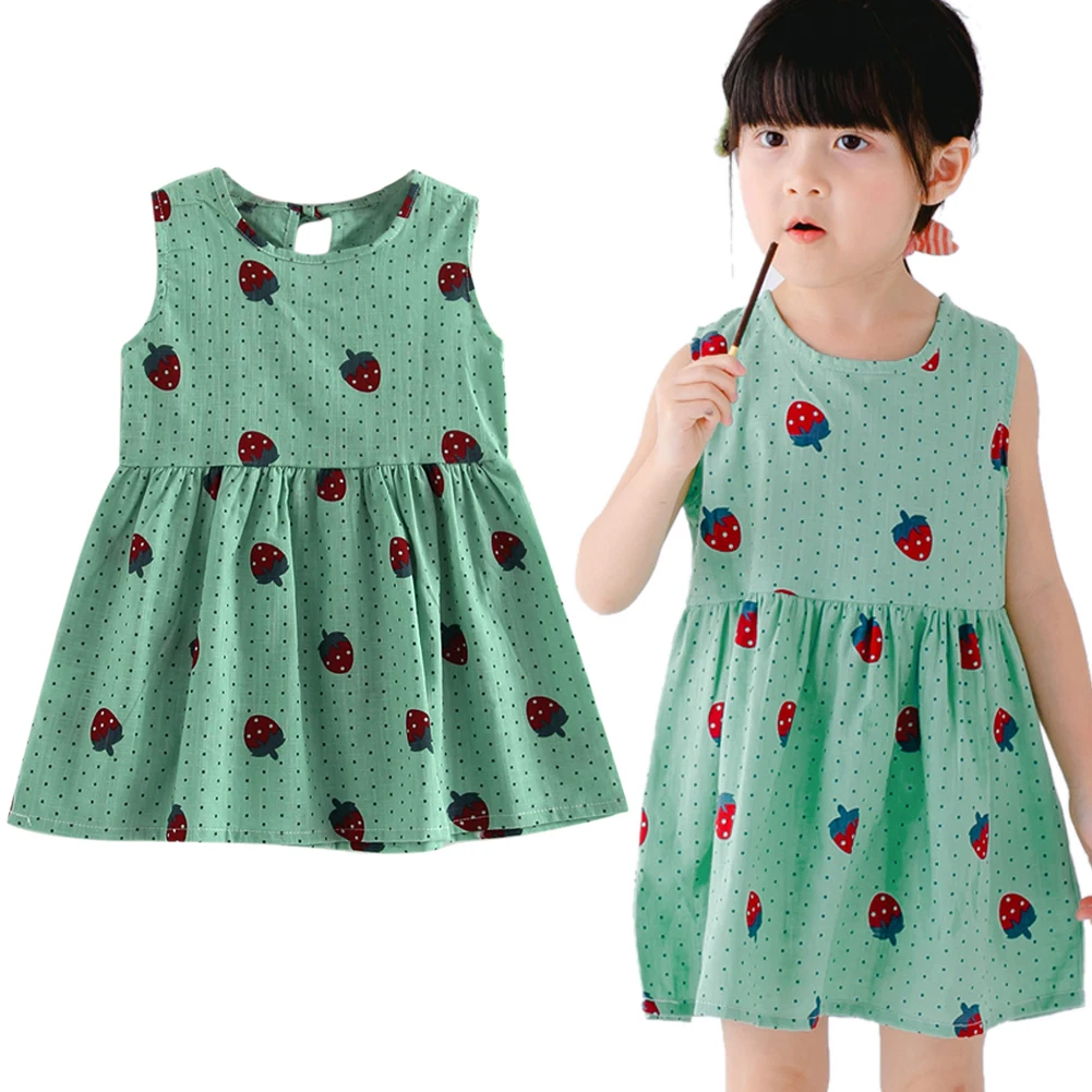 

Fruit Printed Summer Sleeveless Girls Strawberry Print Dress Knee Length Princess A-Line Dress Clothes For Kids 2 to 9 years Old