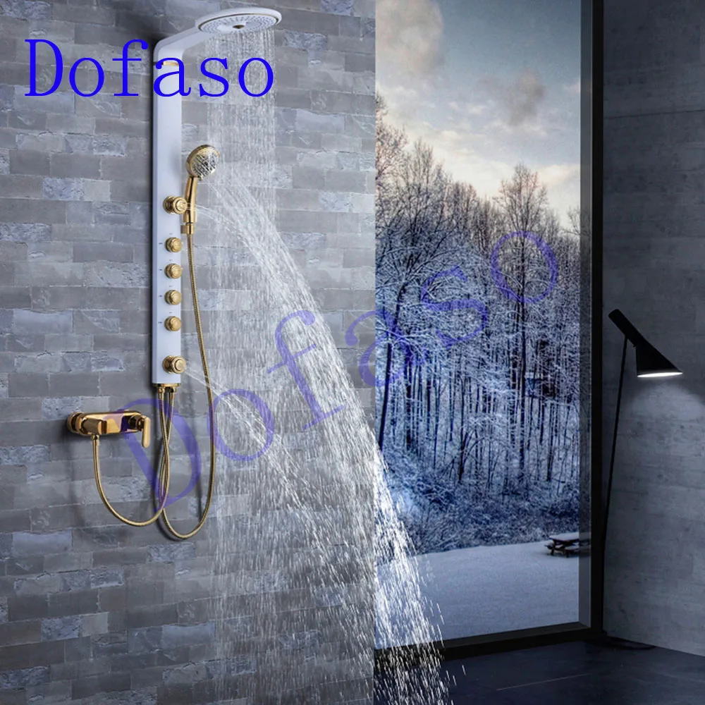 

Dofaso full copper bathroom shower faucets systems luxury white and golden rain shower panel nozzle sets gold shower taps