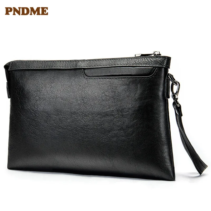 

PNDME casual simple genuine leather Men's clutch bag envelope first layer cowhide black wallet coin purses key wallets