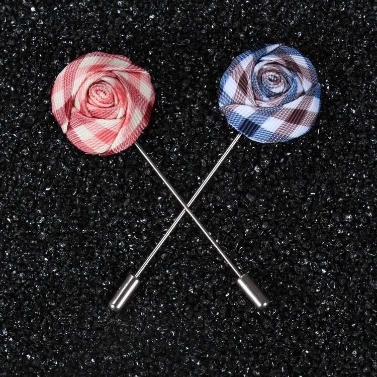 Мужская мода цветок брошь клетчатая ткань ручной работы Значки для мужской костюм свадьба Длинные Pin Роза броши