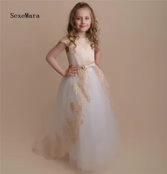 

Well-Designed Tulle Flower Girl Dress with Champagne Lace Appliques Big Bow a-line Girls Birthday Party Gowns Reasonable Price