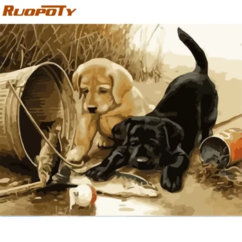

RUOPOTY Frame Dogs DIY Painting By Numbers Animals Kit Hand painted Oil Painting Unique Gift For Home Decor 40x50cm Wall Artwork