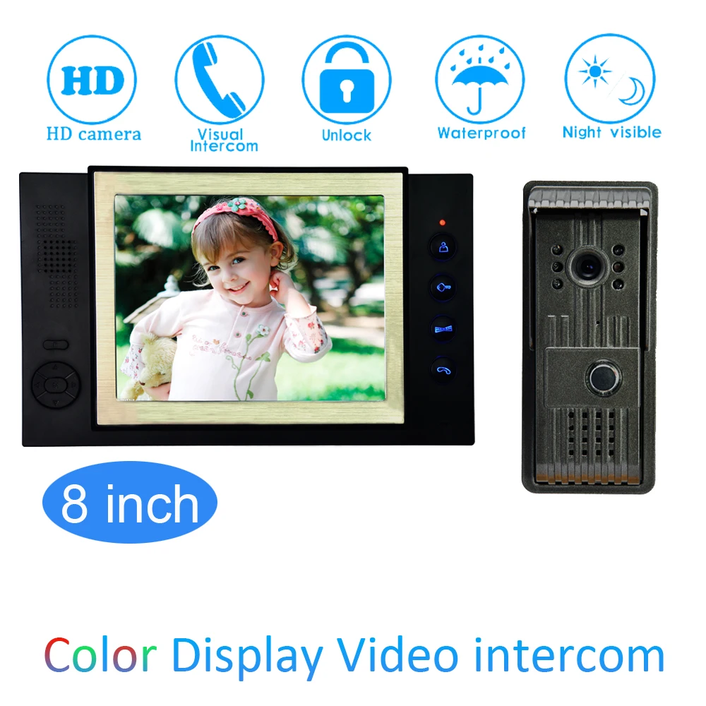 8'' Color LCD Video Door Phone House Garden improvement Device Wire Doorbell Door Release Unlock Night Vision IR HD Camera