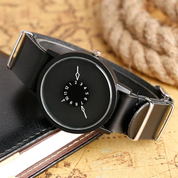 

Fashion Quartz-watch Creative Unique Turntable Wrist Watch Men Full Black Leather Dress Watches Women Clock Gift Hot