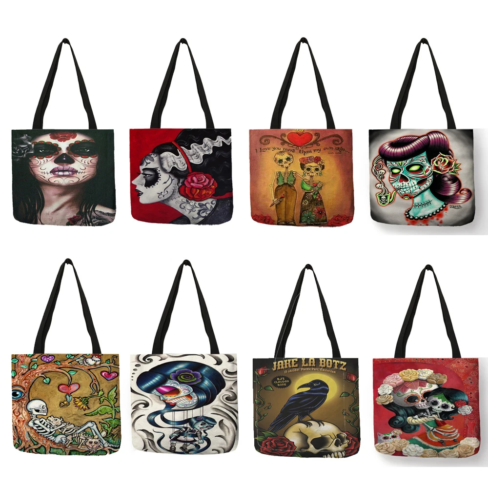 bolsa de Bolso de mano de lino con estampado de calavera para mujer bolsa de Bolso de mano de lino con estampado de calavera para mujer