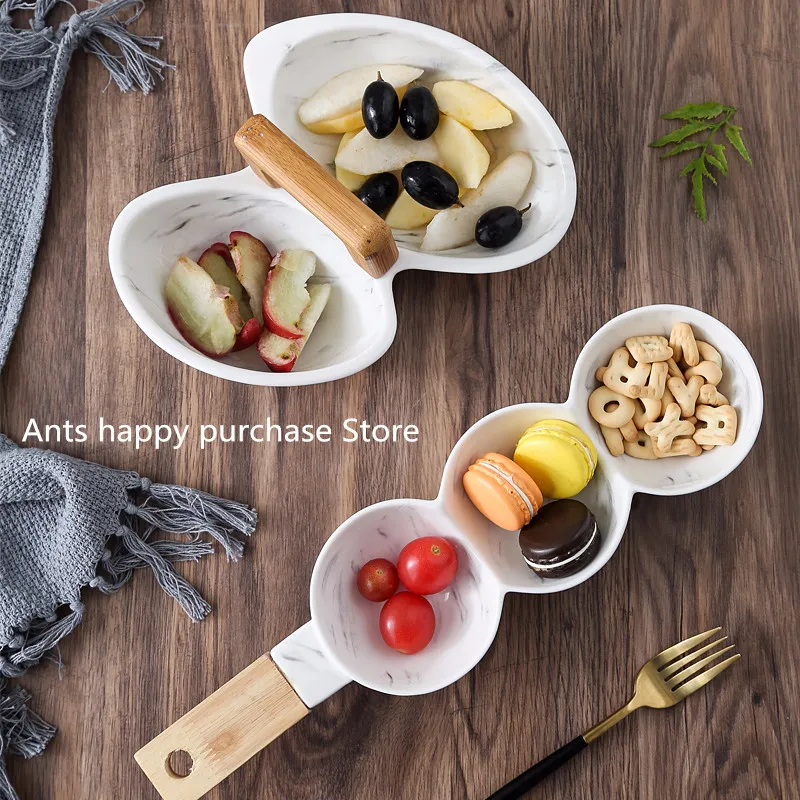 

Ceramic candy nut combination plate Afternoon tea cake snacks dish Salad fruit plate Wooden handle Kitchen table decoration