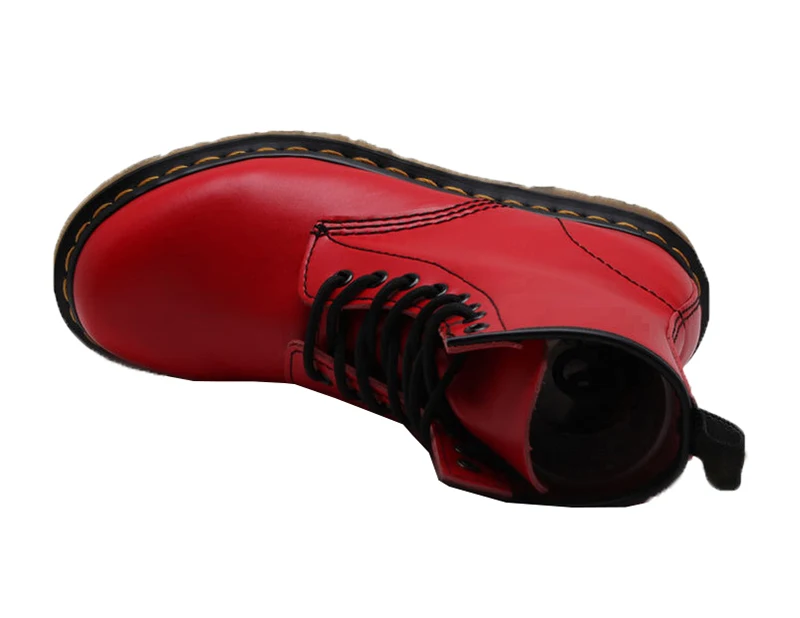 Новинка года Англия Стиль кожаные повседневные красные ботинки Для женщин головка Слои теплые полусапожки Мода «унисекс»; Симпатичные ботильоны, ботинки