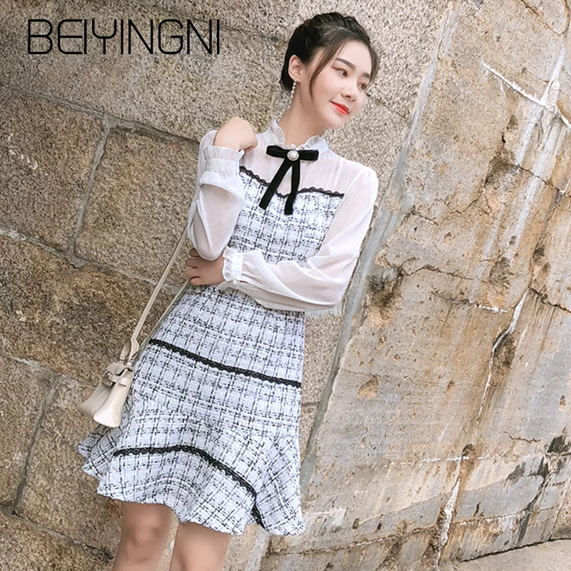

Beiyingni Dresses Women Fashion Sexy Lace Patchwork Plaid Female Vestidos Kpop Elegant A-line Dresses Bow Tie White Mini Dress