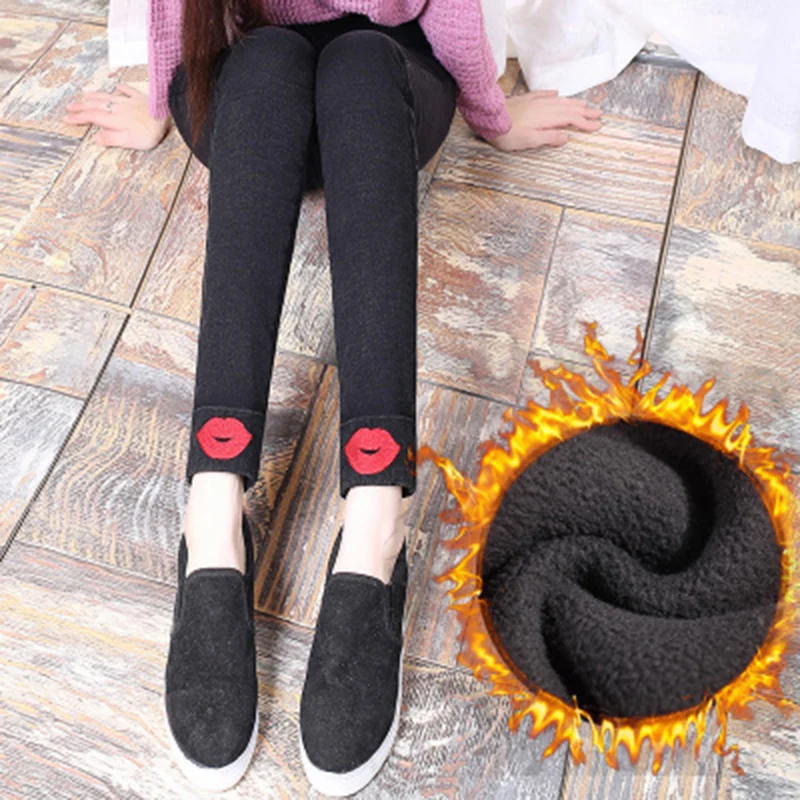 Winter And Autumn Plus Velvet Thick Denim Leggings Women Trousers Pants Capri Cute 11 Colors Pants Fitness Trousers Plus Size