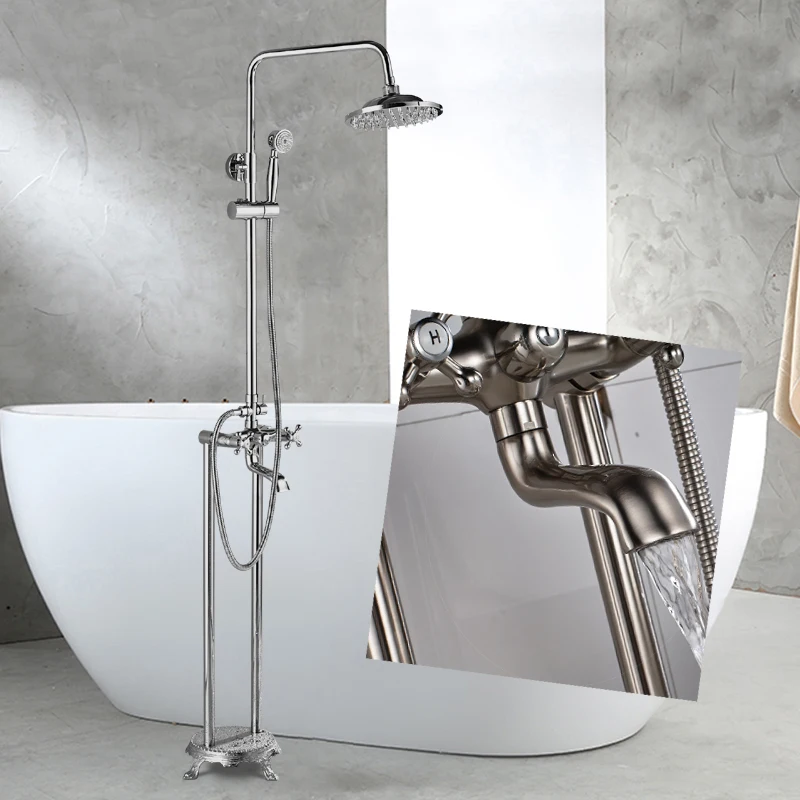 Shower Set Bathtub Faucet Shower Faucet Suguword Floor Mounted Free Standing Bathroom Tub Faucet 2 Handles Rainfall Shower Head Hand Shower Systom Tub Spout Mixer Tap