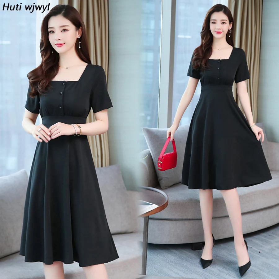 

2019 Korean Chic Solid Midi Beach Dresses Summer Plus Size Black Short Sleeve Sexy Sundress Women Bodycon Elegant Party Vestidos
