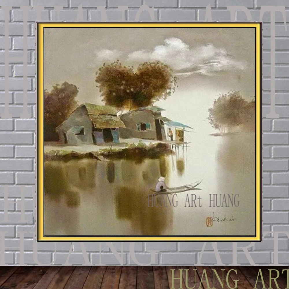 

Light brown landscape Small Vietnam rural scenery oil painting original famous artists ship view modern style home decoration an