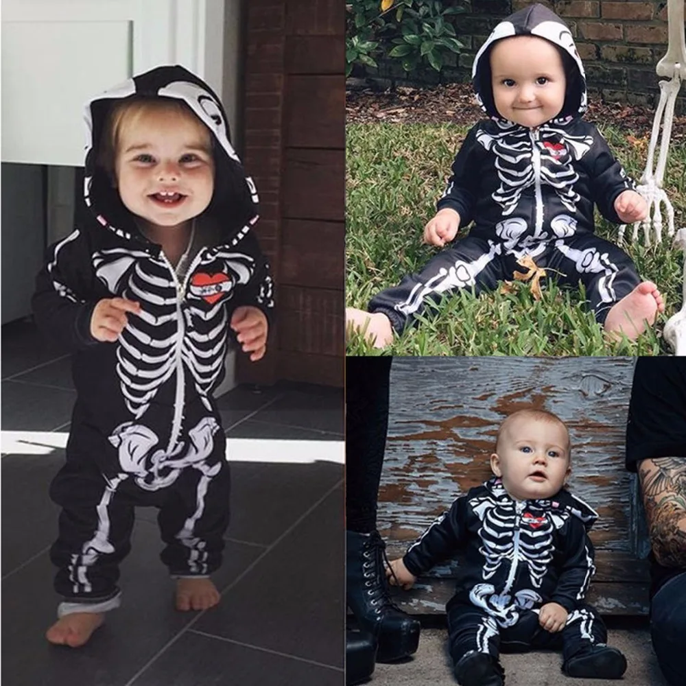 Puseky 0-24 m recién nacido bebé mameluco de manga larga Halloween calavera ropa cremallera Bebes algodón mono una pieza