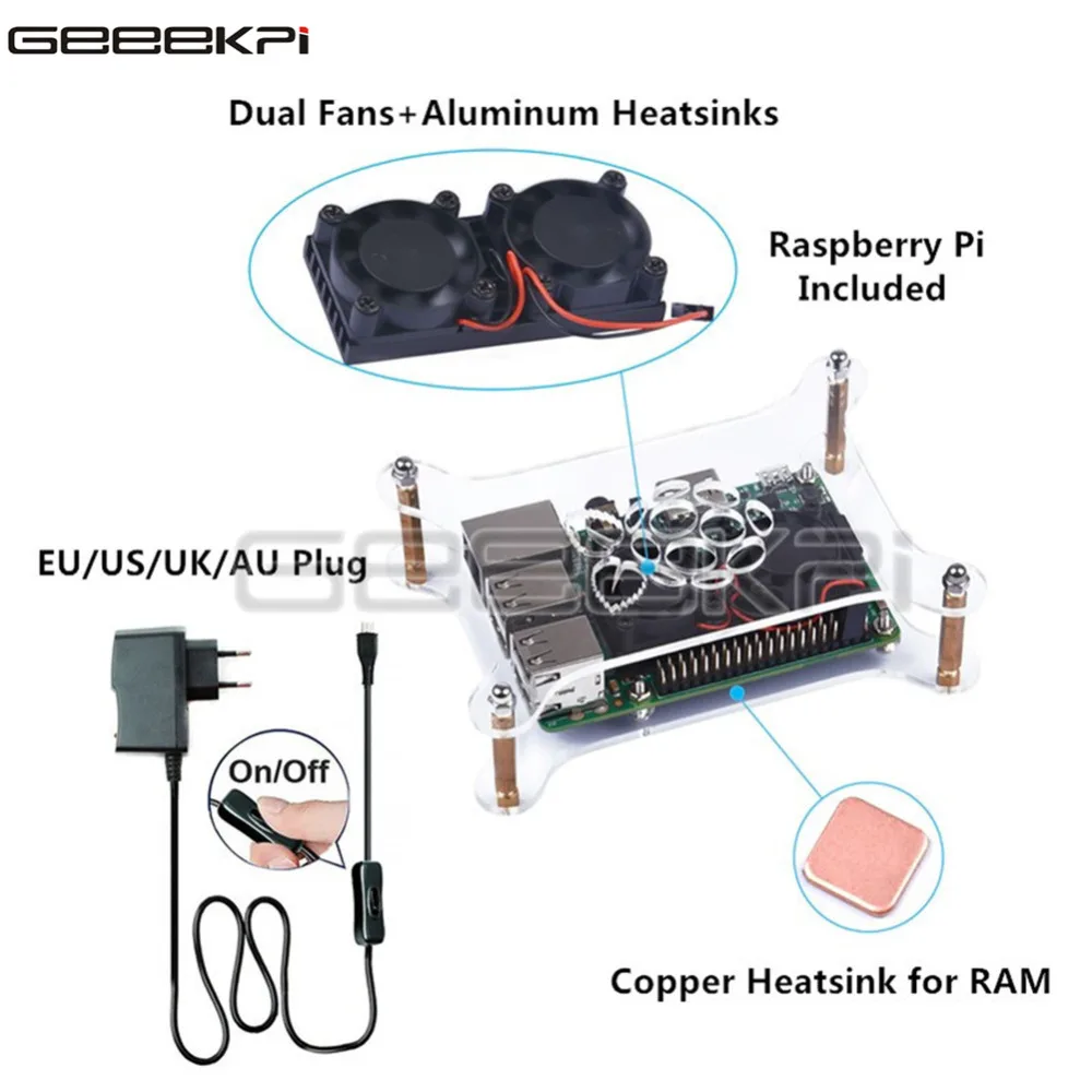 Raspberry Pi 3//2 Model B Blue and Clear GeeekPi Raspberry Pi 3 B+ Case Raspberry Pi Case with Fan Raspberry Pi Heatsink for Raspberry Pi 3 Model B+