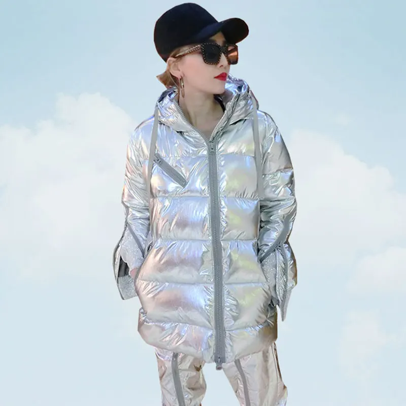

Hwaglsd 2 Pcs Set Women Jacket Sets Hop Autumn Silver Jackets Glossy Harlan Pants Zipper Ladies Warm Outerwear Hooded Parka G116