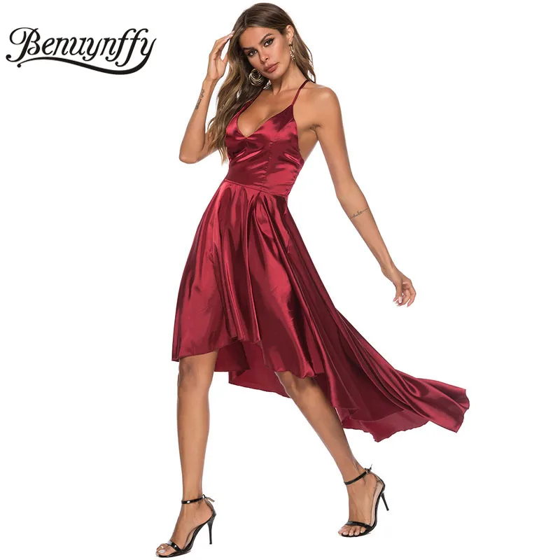 

Benuynffy Deep V Neck Backless Lace up Satin Cami Dress Burgundy Women Sexy Spaghetti Strap Asymmetrical Hem Party Long Dress