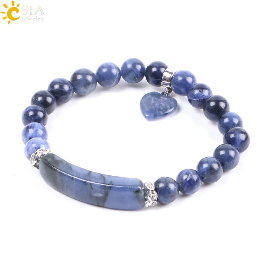 CSJA Natural Stone Sodalite Bracelets for Women Men Love Heart Blue White Dot Beads Stretch Healing Buddhist Prayer Bangles F109