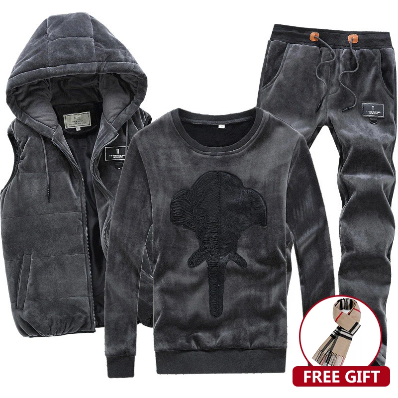 

3 Pieces Velour Velvet Men Set Hoodie Pants Vest Hooded Warm Brand Hoodie Sweatshirt Winter Coat Fleece Hip Hop Men Sports Suit