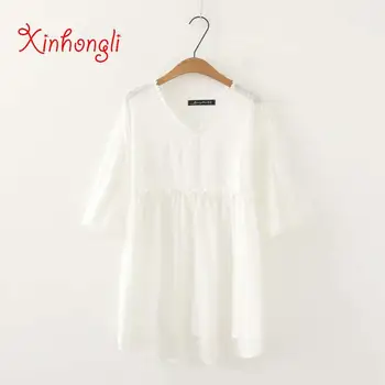 

Plus size Embroidered lace white cotton women t shirt 2019 V-Neck Short sleeve t-shirts women tops tshirt summer tee shirt femme