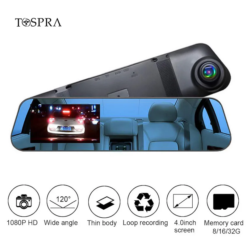 

TOSPRA 4.0 Inch Video Rear Mirror View Full HD 1080P Loop Recording Dash Cam Recorder Registrars Car DVR Camera
