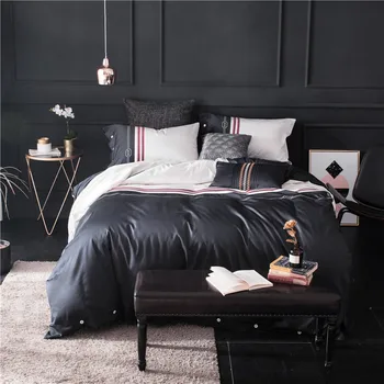 

2018 Gray embroidery Bedclothes Egyptian cotton Geometric Stripes Bed Sheet Duvet Cover Sets 4pcs Bedding Set