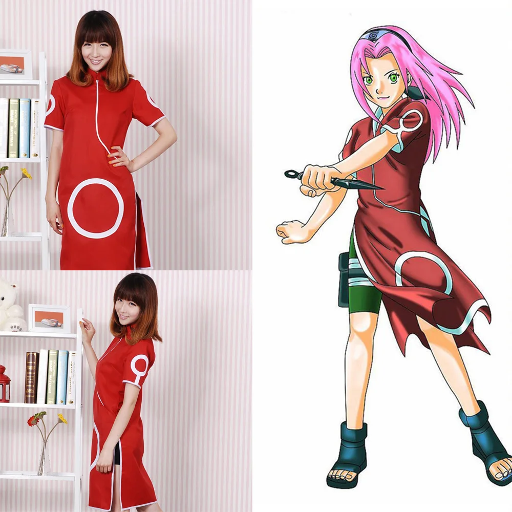 

Anime Naruto Haruno Sakura 1st Generation Cosplay Costume cheongsam Dress Costume Embroidery Clothes Red Dress Free Shipping