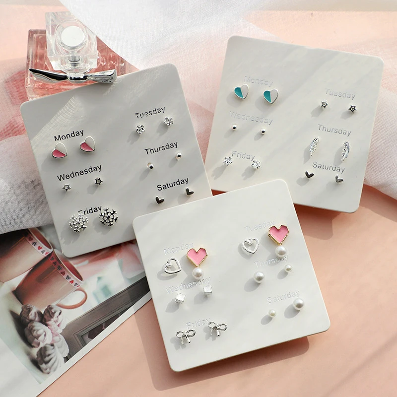 

Week Stud Earrings Simple 6 Pairs Crystal Heart Stud Earrings Female Perforated Imitation Pearl Earrings Set Wedding Party