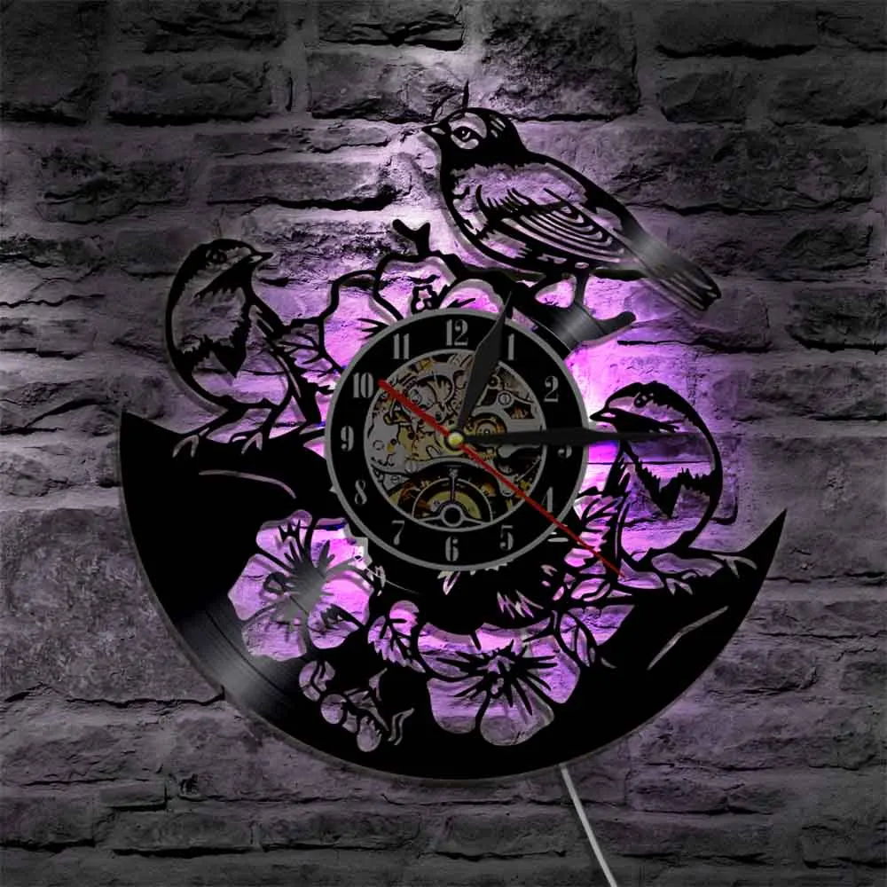 

1Piece Sparrows on Tree And Flowers Vinyl Record Wall Clock With LED Backlight Birds Family Creative Wall Watch Home Decor