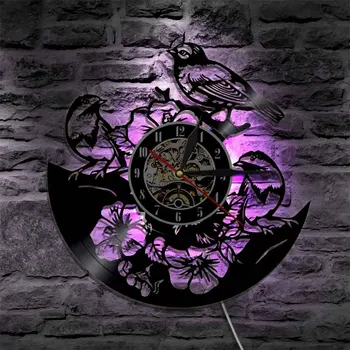 

1Piece Sparrows on Tree And Flowers Vinyl Record Wall Clock With LED Backlight Birds Family Creative Wall Watch Home Decor
