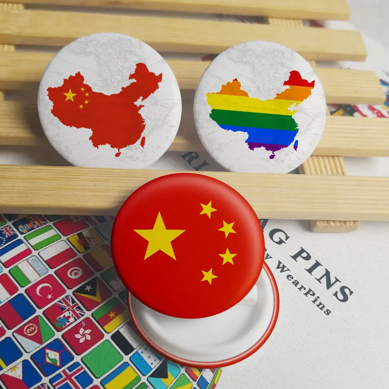 

China Flag Map Tin Button Pins LGBT Gay Rainbow Pride Tin Button Badges