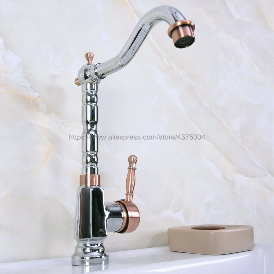 Bathroom Sink Faucet Polished Chrome And Red Copper 360 Rotable Basin Faucet Water Tap Single Handle Cold and Hot Water Nnf916