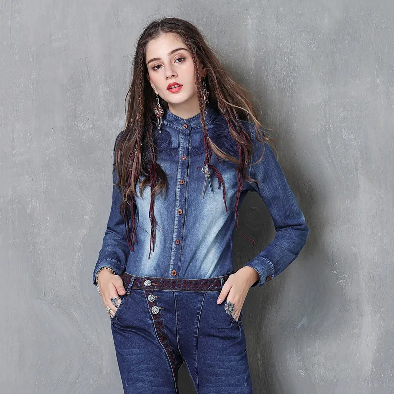 

Fashion brand ladies clothing new stand collar long sleeve single-breasted cowboy cardigan retro embroidery slim shirt women