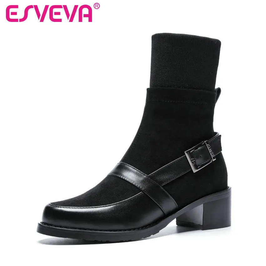 

ESVEVA 2020 Women Boots Leather+PU Autumn Shoes Ankle Boots Round Toe Square Med Heels Elegant Woman Shoes Size 34-39
