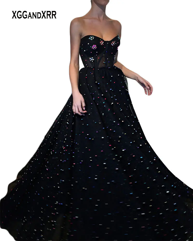

Luxury Black Long Prom Dress 2019 Sexy Sweetheart Off the Shoulder Beading Crystals Pearls Net Evening Dresses Girl Party Gown