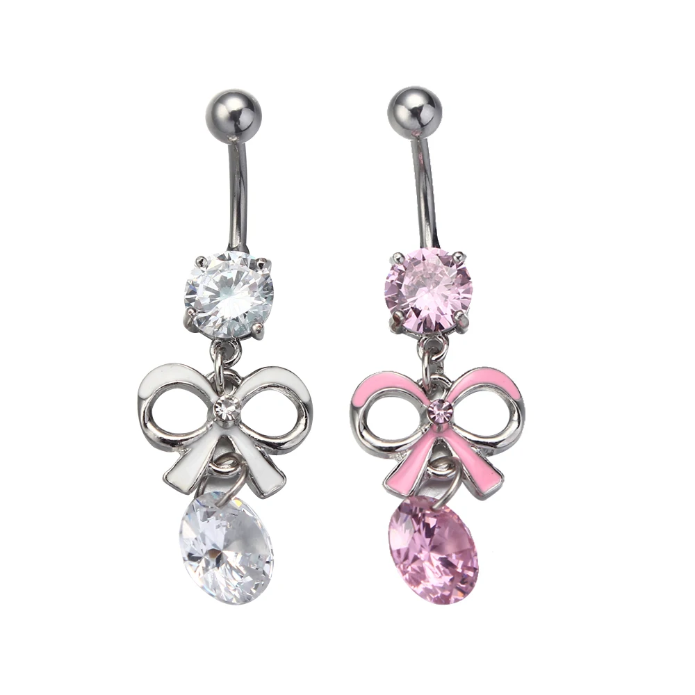 Cute Bowknot Belly Ring Dangle Piercing Navel Rings White Pink 14G
