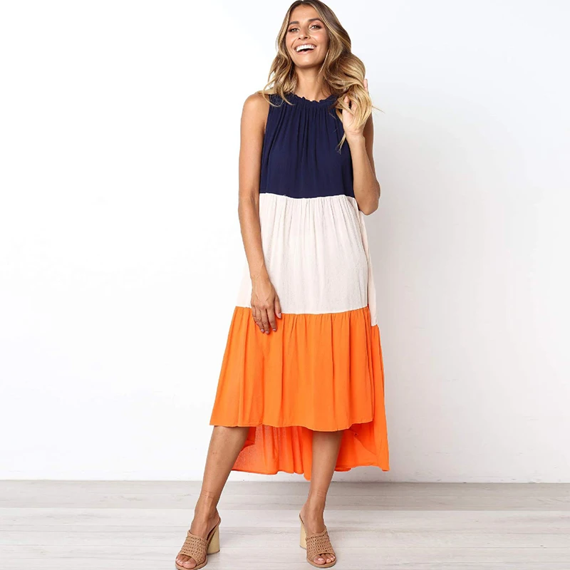 

Sleeveless Loose Dress Summer Patchwork Long Dress Fashion Women Casual Beach Maxi Dresses Vestidos
