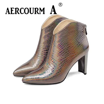 

Aercourm A Ankle Solid Zip Boots Women Pointed Toe High Heel Genuine Leather Boots Short Plush Women Winter Shoes Furry Boots