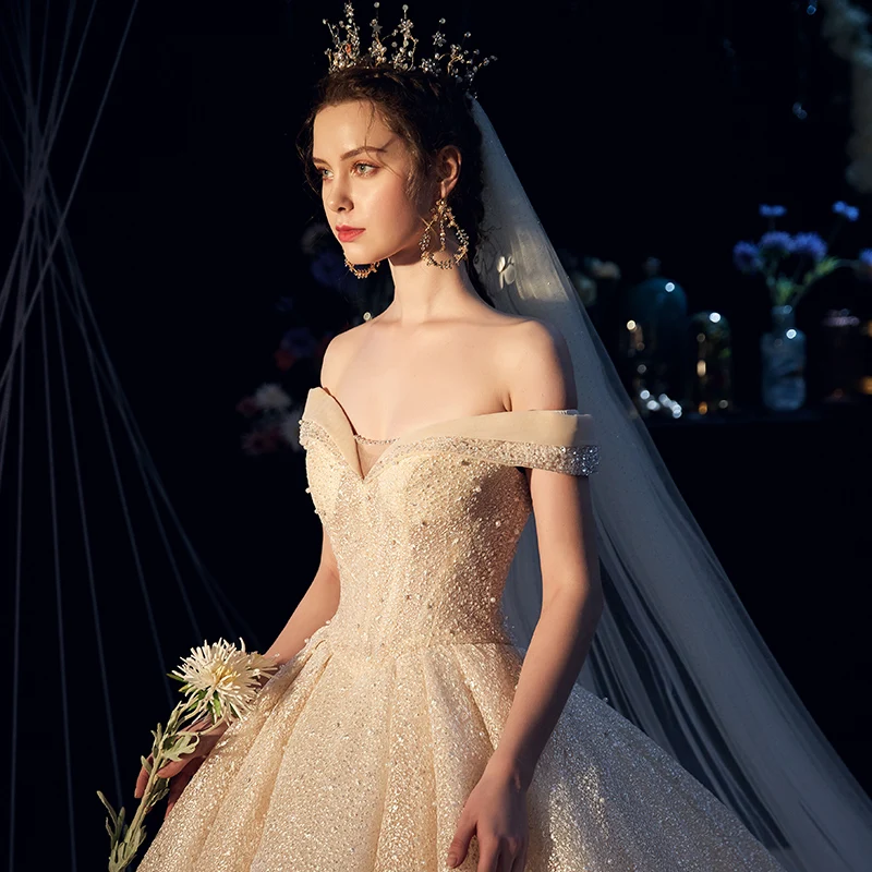 Vestido de Noiva/ свадебные платья принцессы Наплечная аппликация для женской футболки кружевное милое платье праздничное с бисером свадебное платье Robe De Mariee