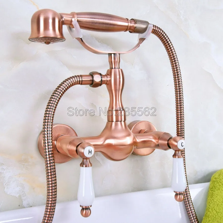 

Antique Red Copper Bathtub Faucet with Handheld Shower Mixer Tap Wall Mounted lna309