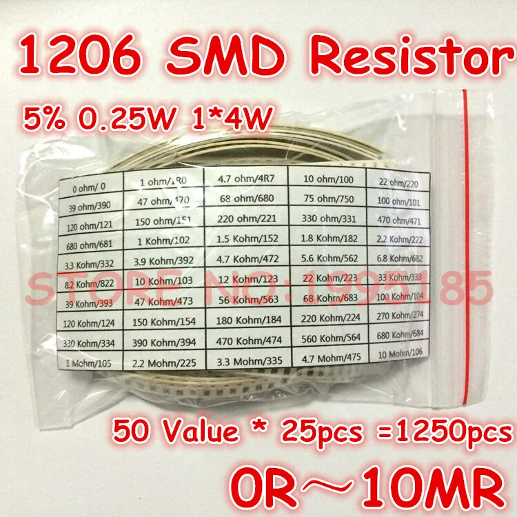 1250 шт. комплект резисторов 1206 SMD (0R ~ 10MR) 5% 1/4 Вт 0 25 50 значений * = 3 2*1 6 мм|resistor