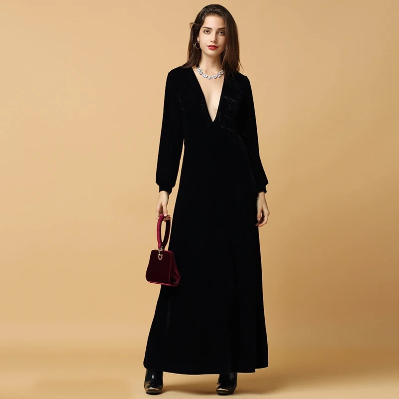 Black Velvet Long Sleeved Plunge Neck Maxi Dress