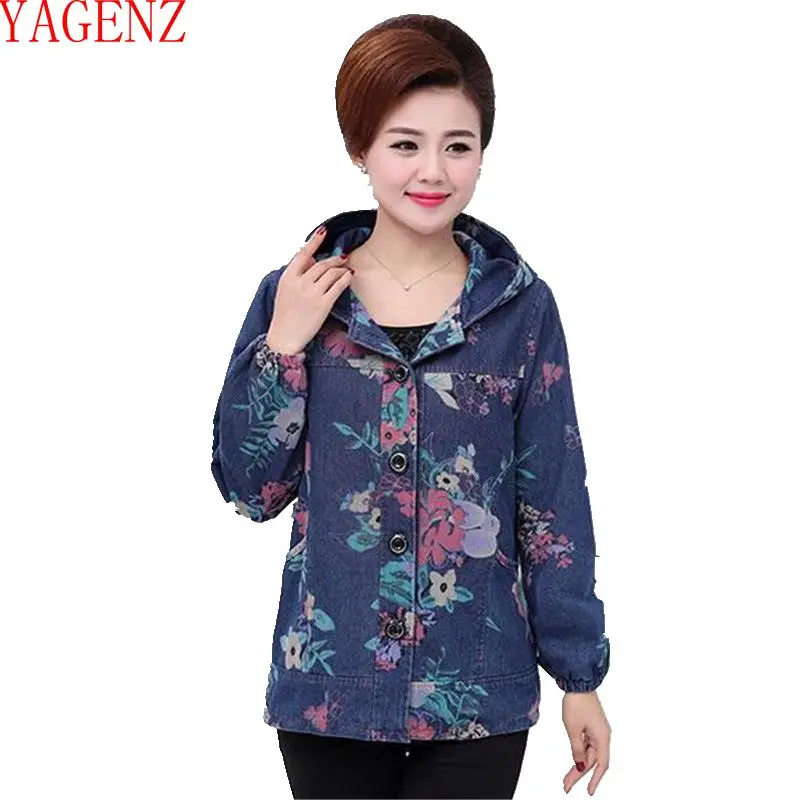 

Middle aged Elegant Windbreaker coat New Spring Autumn Cowgirl coats Hooded Loose Large size Tops Printing Cowboy Thin coat 4XL