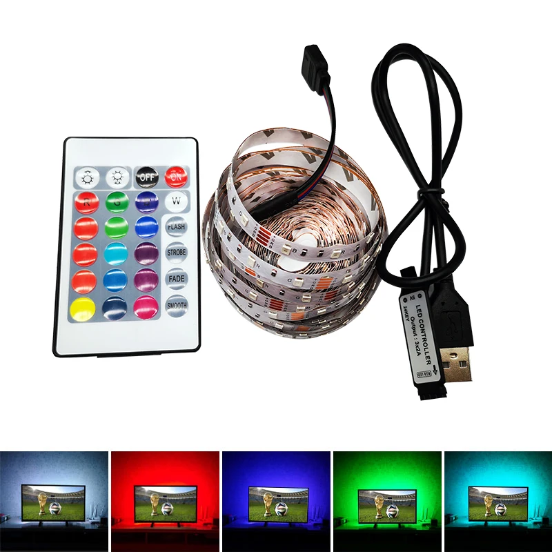 Светодиодный SMD 3528 5 V цветной сменный Канатный ремешок 0,5 m-5 m 60 светодиодный s/m для ПК/ТВ ПОДСВЕТКА Гибкая с ИК-пультом дистанционного управления USB кабель комплект